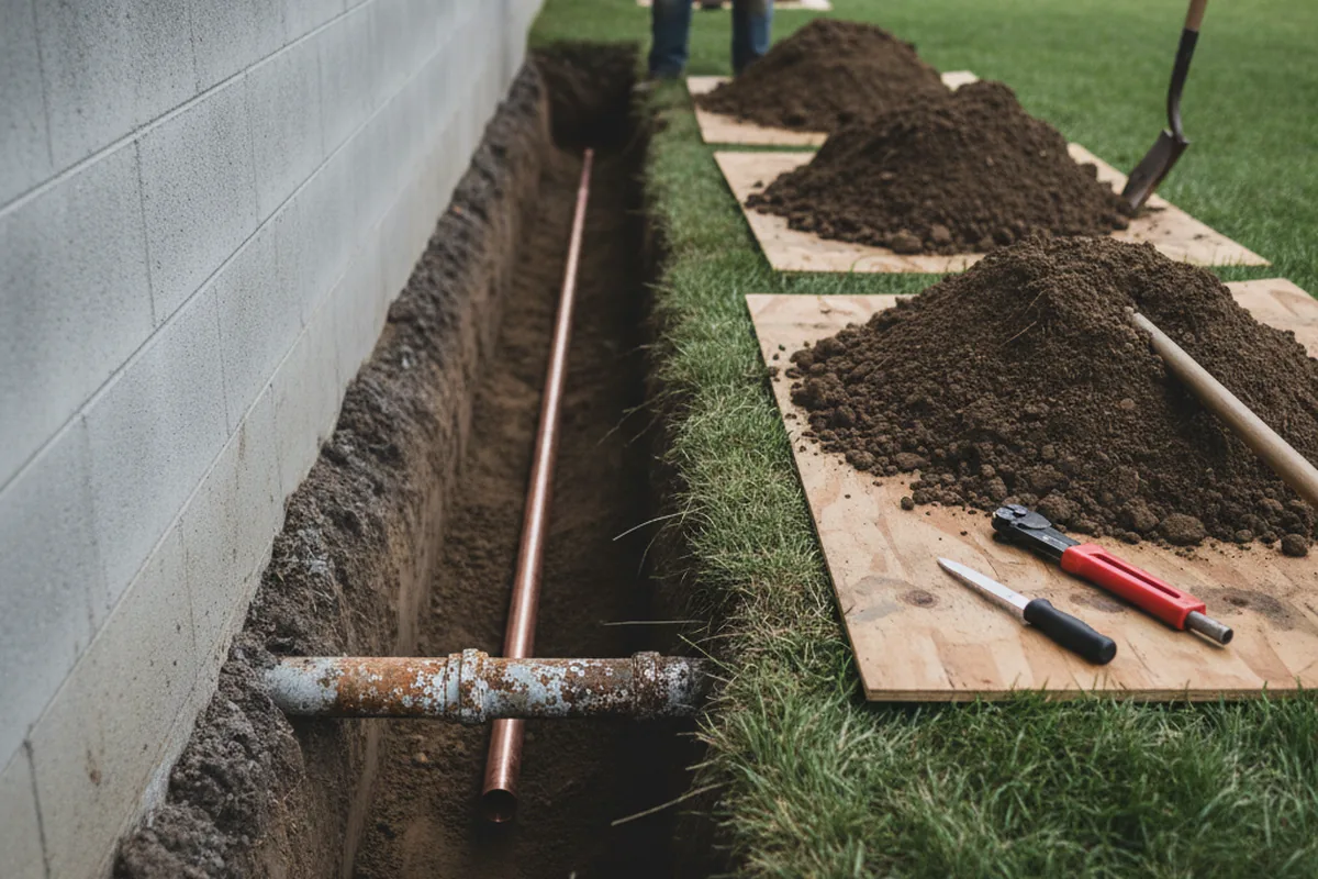 Excavated water line trench during Sewer Line Repair in Bucoda